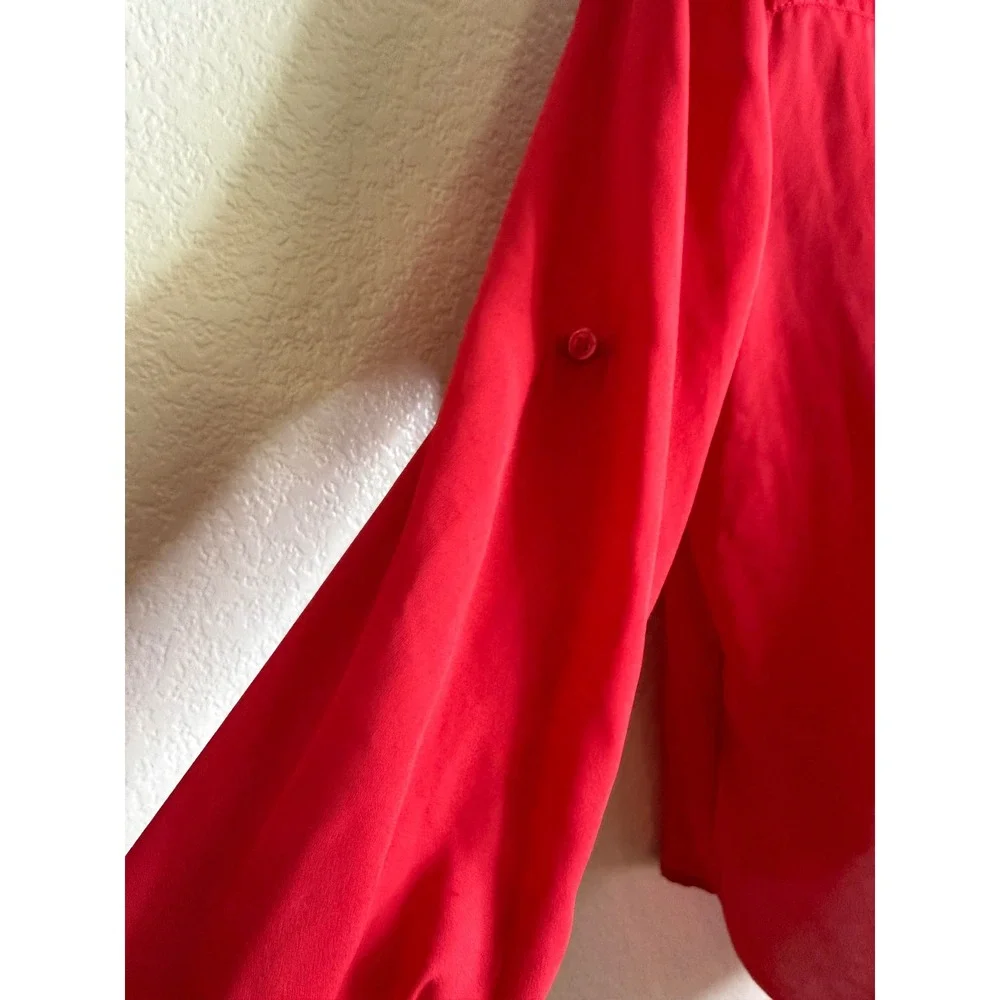 My Michelle Womens Small Blouse Red 3/4 Roll Tab Sleeve Zipper‎ Pocket High Low - Picture 8 of 11